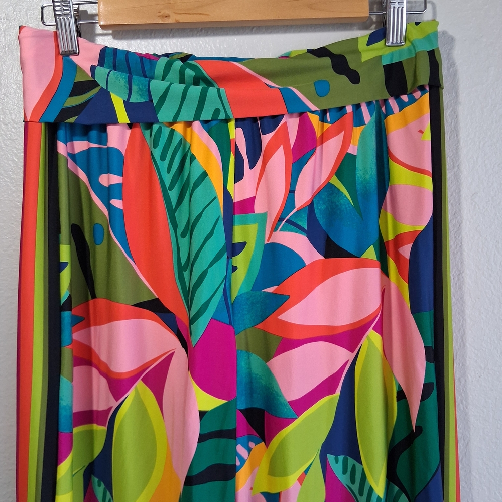 Trina Turk Jewel Tone Tropical Wide Leg Pants Sz. L Side Slits Resort Chic - Picture 4 of 12